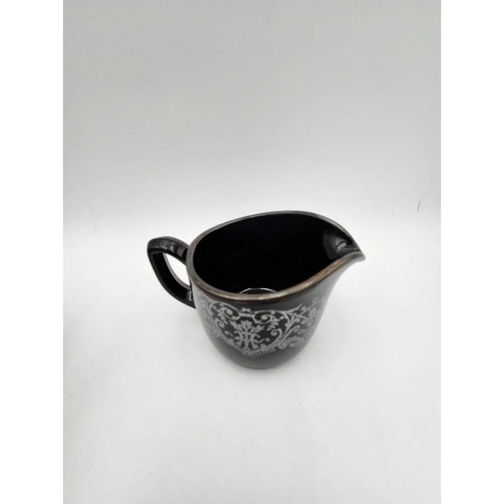 Vtg Black Amethyst Glass Creamer & Sugar W/‎ Silver Design Rockwell Silver Co?
